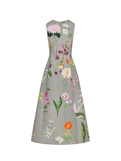 Oscar de la Renta Mixed Botanical Faille Cocktail Dress in Grey Multi, Size 10