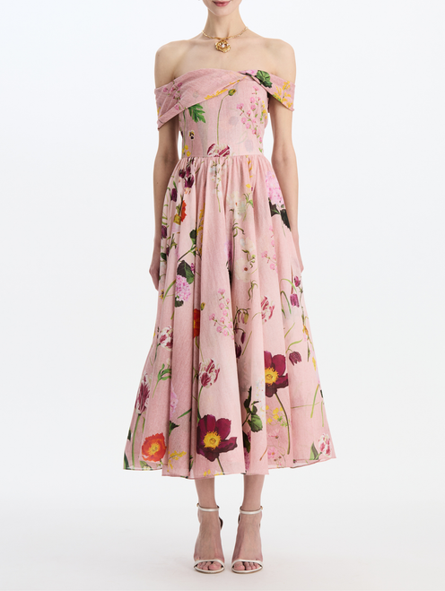 Oscar de la Renta Mixed Botanical Off-Shoulder Dress in Blush Multi, Size 2