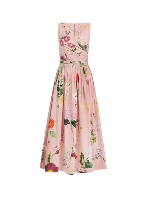 Oscar de la Renta Mixed Botanical Cotton Poplin Draped Dress in Blush Multi