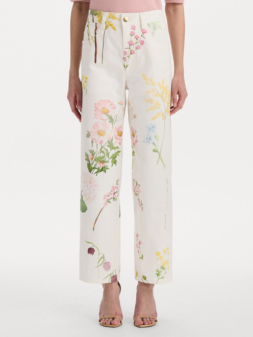 Oscar de la Renta Faded Mixed Botanical Denim Pants in White Multi, Size 4