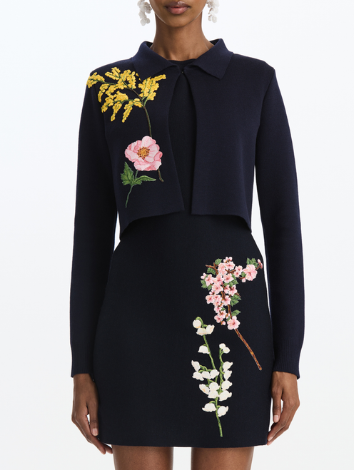 Oscar de la Renta Mixed Botanical Cropped Jacket in Navy, Size Small