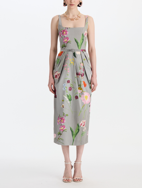 Oscar de la Renta Sleeveless All Over Mixed Botanical Day Dress in Grey Multi, Size 6