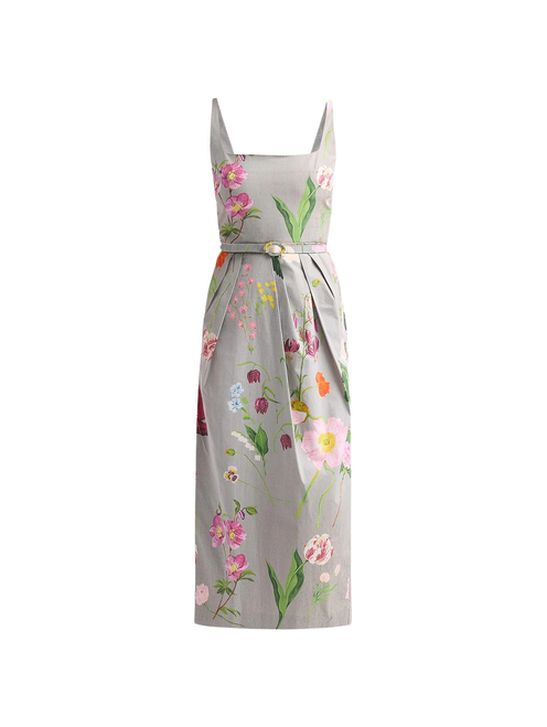 Oscar de la Renta Sleeveless All Over Mixed Botanical Day Dress in Grey Multi, Size 6