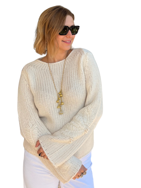 Iris Von Arnim Jylliana Embroidery Cashmere-Silk Sweater in Ecru, Size Small