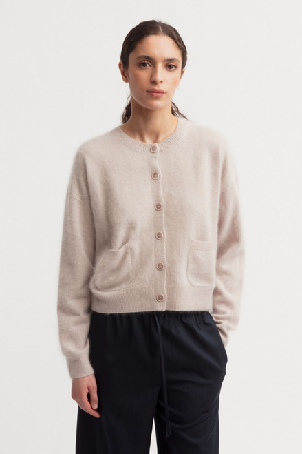 Iris Von Arnim Mini Brushed Cashmere Cardigan in Gravel, Size X-Small