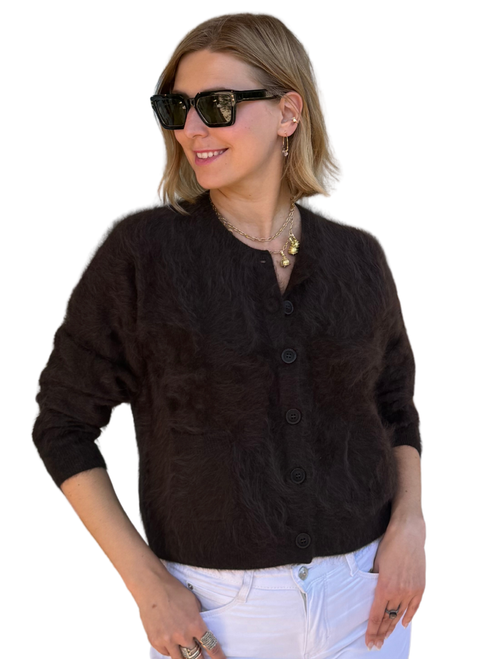Iris Von Arnim Mini Brushed Cashmere Cardigan in Chocolate