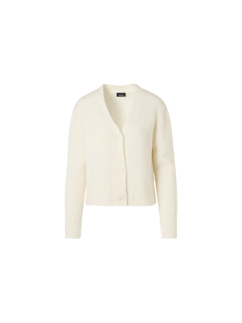 Akris Bracelet-Sleeve Cashmere-Silk Bouclé Knit Short Cardigan in Ecru
