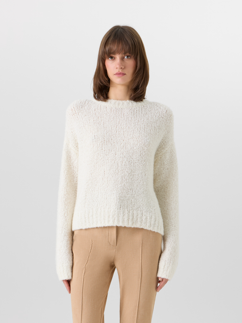 Akris Long-Sleeve Cashmere-Silk Bouclé Knit Sweater in Ecru, Size 2