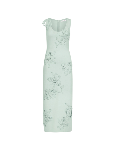 Oscar de la Renta Hibiscus Embroidered Knit Pencil Dress in Saltwater, Size X-Small