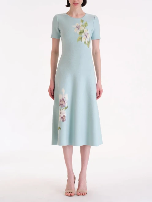 Oscar de la Renta Long A-line Chine Flower Jacquard Knit Dress in Saltwater, Size Small