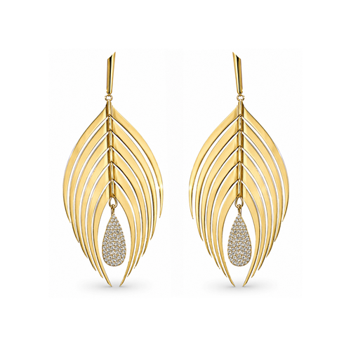 CADAR Yellow Gold Large Peacock Drop Earrings with White Diamond Pavé Drop