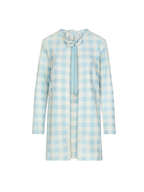 Oscar de la Renta Gingham Coat with Floral Appliqué in Ice White, Size XX-Large