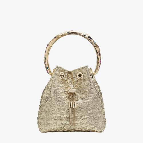 *RESERVE TODAY* Jimmy Choo Bon Bon Bucket Bag with Organic Crystal Handle in Gold/Multi