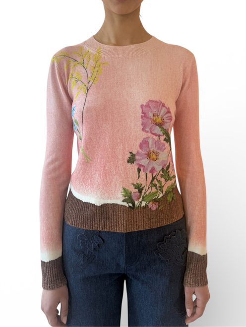Oscar de la Renta Floral Printed Pullover in Pink/Brown, Size Small