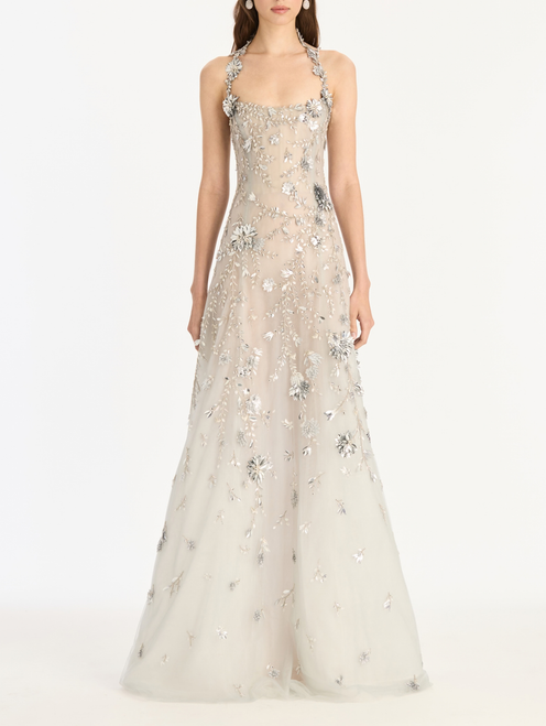 *VIRTUAL TRUNK SHOW* Oscar de la Renta Halter Neck Sequin Mini Floral Vines Embroidered Gown