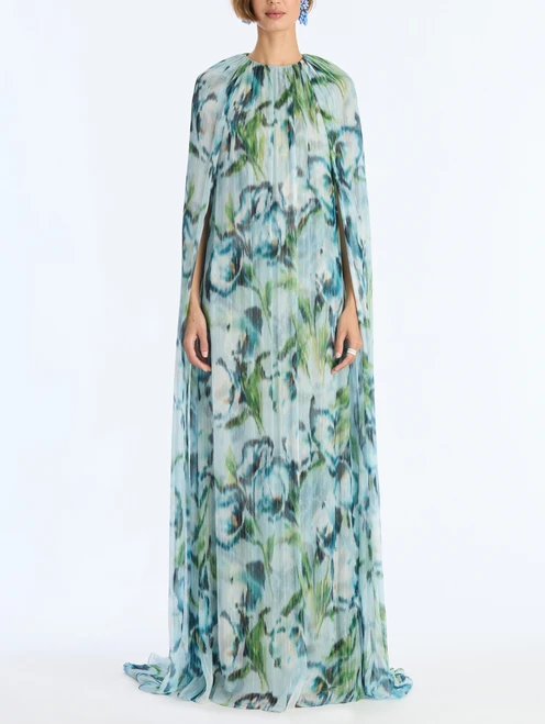 *VIRTUAL TRUNK SHOW* Oscar de la Renta Draped Sleeve Chine Calla Lillies Chiffon Caftan