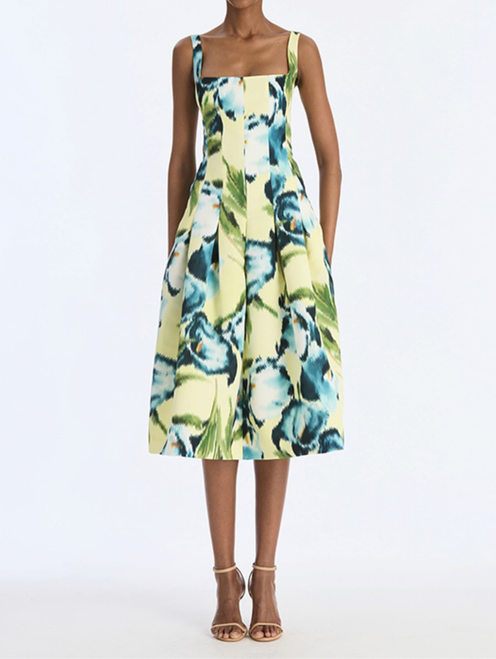 *VIRTUAL TRUNK SHOW* Oscar de la Renta Sleeveless Chine Calla Lillies Faille Cocktail Dress