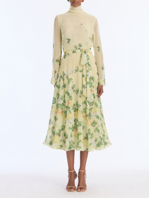 *VIRTUAL TRUNK SHOW* Oscar de la Renta Long Sleeve Pears Floral Degrade Chiffon Day Dress