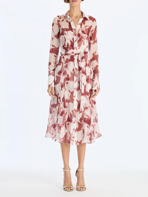 *VIRTUAL TRUNK SHOW* Oscar de la Renta Long Sleeve Chine Calla Lillies Chiffon Day Dress