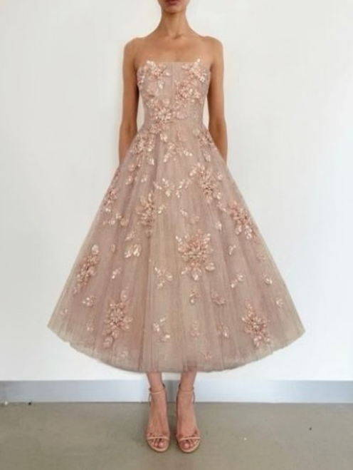 *VIRTUAL TRUNK SHOW* Oscar de la Renta Strapless Sequin Floral Embroidered Tea Length Dress