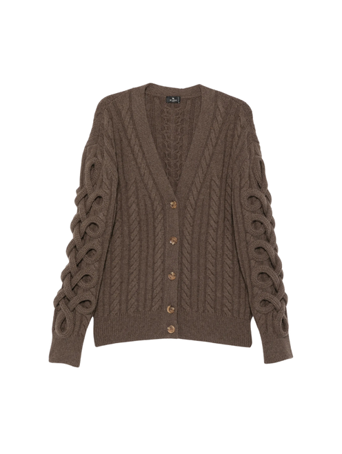 ETRO Cable Knit V-Neck Cardigan in Brown, Size 38