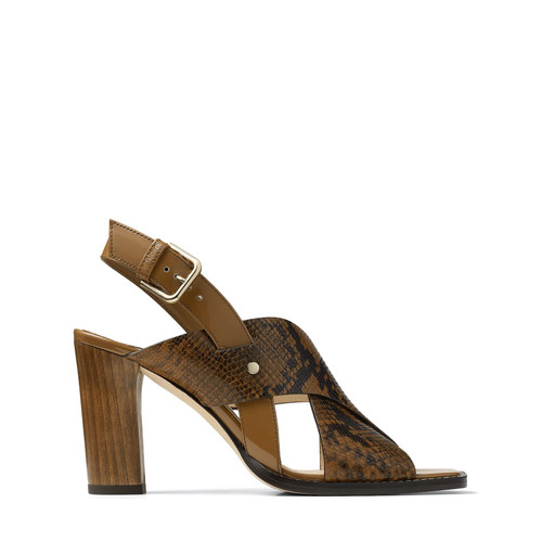 Jimmy Choo Aix 85 Snake Printed Leather Sandals in Cuoio, Size 37.5