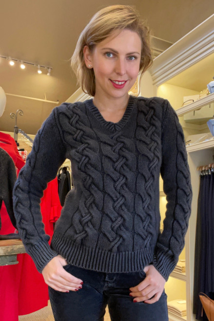 Iris Von Arnim Cable Knit Cashmere V-Neck Sweater in Black, Size Small
