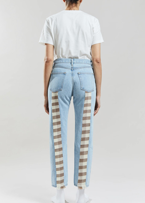 Still Here Wool Gingham Tate Crop Jeans in Vintage Blue, Size 27