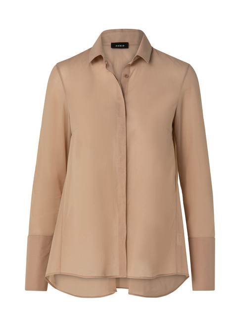 Akris Long Sleeve Poplin Blouse in Beige, Size 8