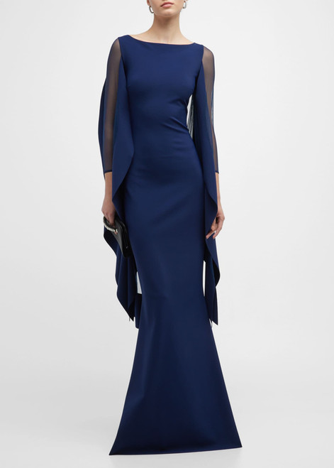 Chiara Boni La Petite Robe Kacey Illusion Long Gown in Blu Notte, Size 46