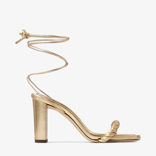 Jimmy Choo Diosa 85 Metallic Nappa Leather Sandals in Gold, Size 40.5
