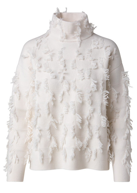Akris Cashmere Square Fringe Jacquard Pullover in Ecru, Size 2