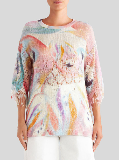 Etro Printed Jumper with Fringe in Beige, Size 42
