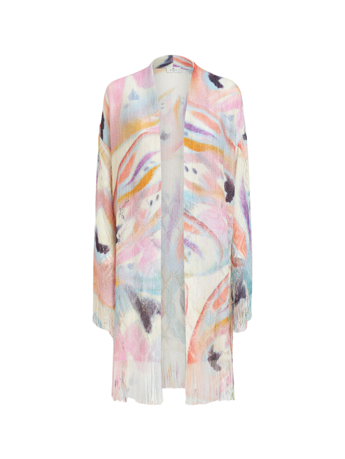 Etro Printed Cardigan with Fringe in Beige, Size 42
