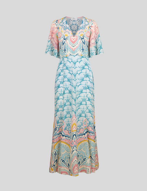 Etro Floral Print Silk Dress in Light Blue, Size 42