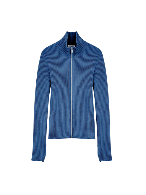 Jil Sander Cotton Rib Knit Cardigan with Zip in Blue. Size 36 (US 6)