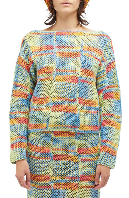The Elder Statesman Atom Crochet Boat Neck Sweater in Flip Flops/Sunburn, Size Medium