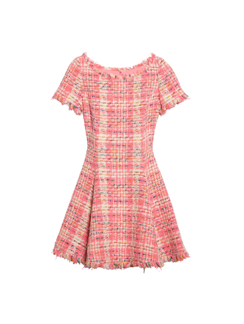 Oscar de la Renta Short Sleeve Multicolor Tweed Dress in Peony Multi, Size 14