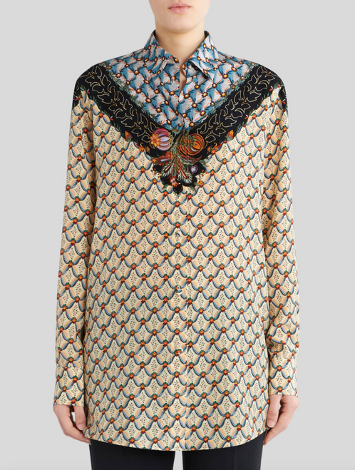 Etro Boyfit Floral Shirt with Edging in Light Blue, Size 42