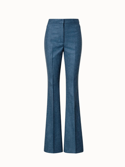 Akris Farida Striped Wool Bootcut Trouser Pants in Navy Denim, Size 14