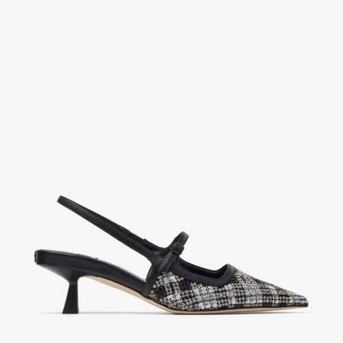 Jimmy Choo Didi 45 Satin Beaded Tartan Pointed Pumps in Black, Size 37