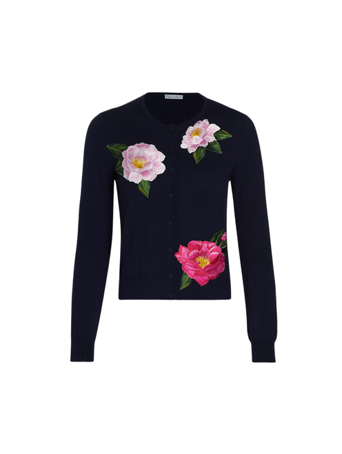 Oscar de la Renta Camellia Threadwork Cardigan in Pink/Navy, Size Medium