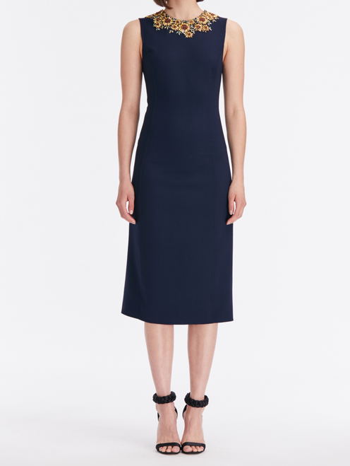 Oscar de la Renta Sunflower Crystal Embroidered Pencil Dress in Navy Multi, Size 14
