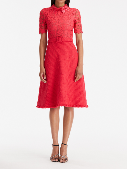 Oscar de la Renta Gardenia Guipure & Tweed Dress in Cerise, Size 4