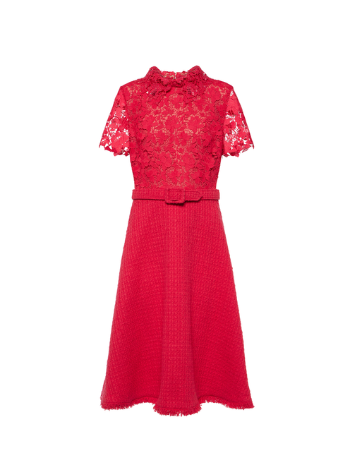 Oscar de la Renta Gardenia Guipure & Tweed Dress in Cerise, Size 4