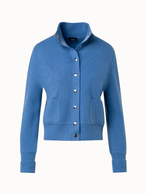 Akris Cashmere Piqué Knit Cardigan in Light Denim, Size 12