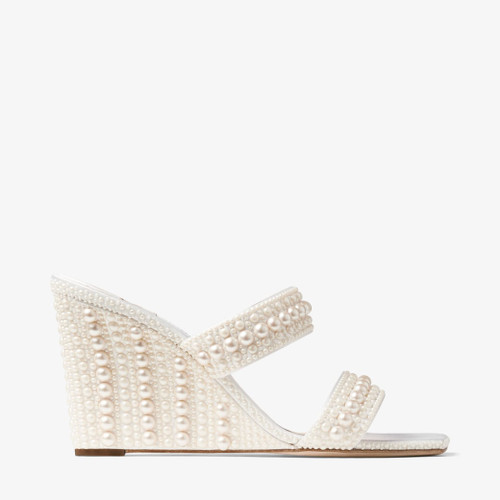 Jimmy Choo Sacoria 85 Satin Wedge Sandals with All-Over Pearls in White, Size 39.5