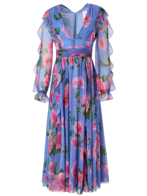 Carolina Herrera Ruffled Rose-Print Chiffon Dress in Delphinium Multi, Size 6