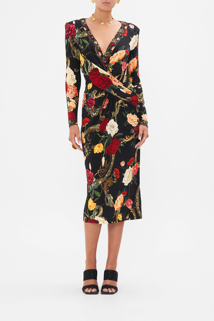 Camilla V-Neck Midi Cross Front Dress in Magic In The Manuscripts, Size Small