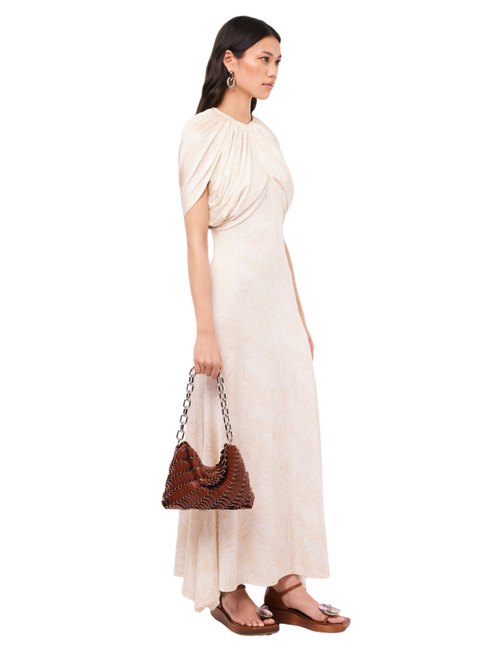 Rabanne Long Dress with Feather Print and Draping Details, Size 36
